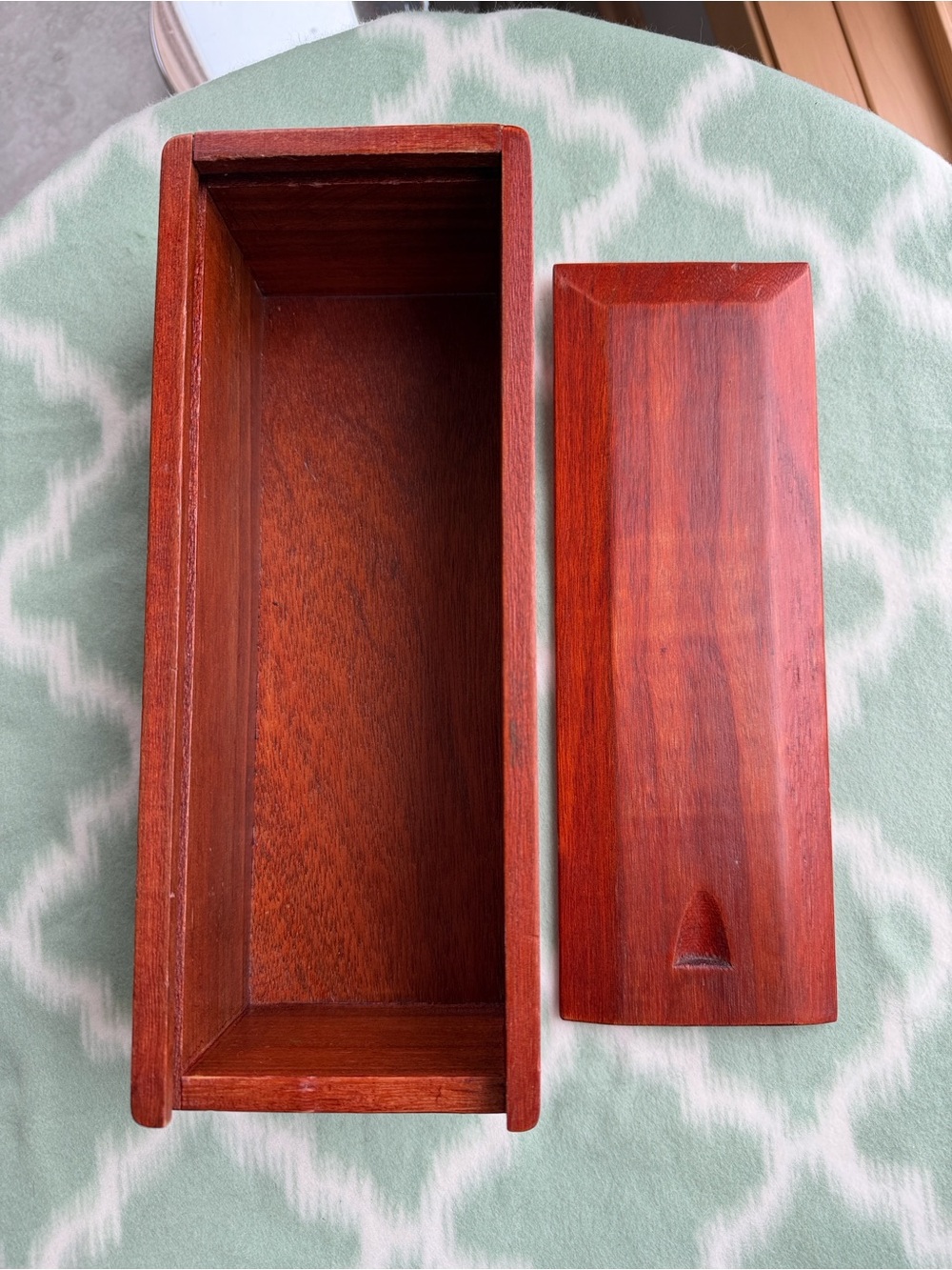Handcrafted Wooden Storage Box with Slide out Top in Rich Red wood tone